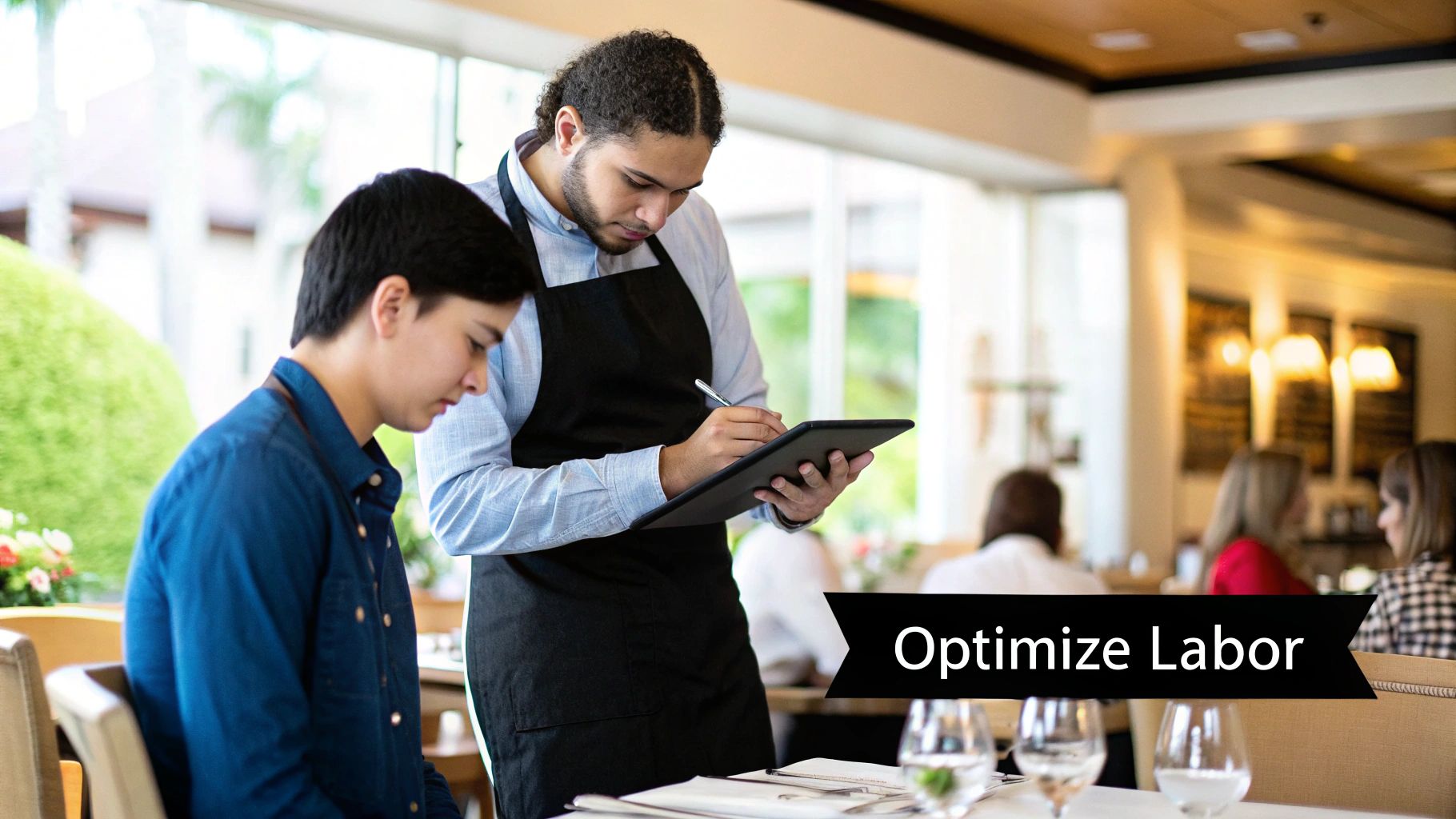 A modern, well-lit restaurant dining room, emphasizing the physical space and utilities.