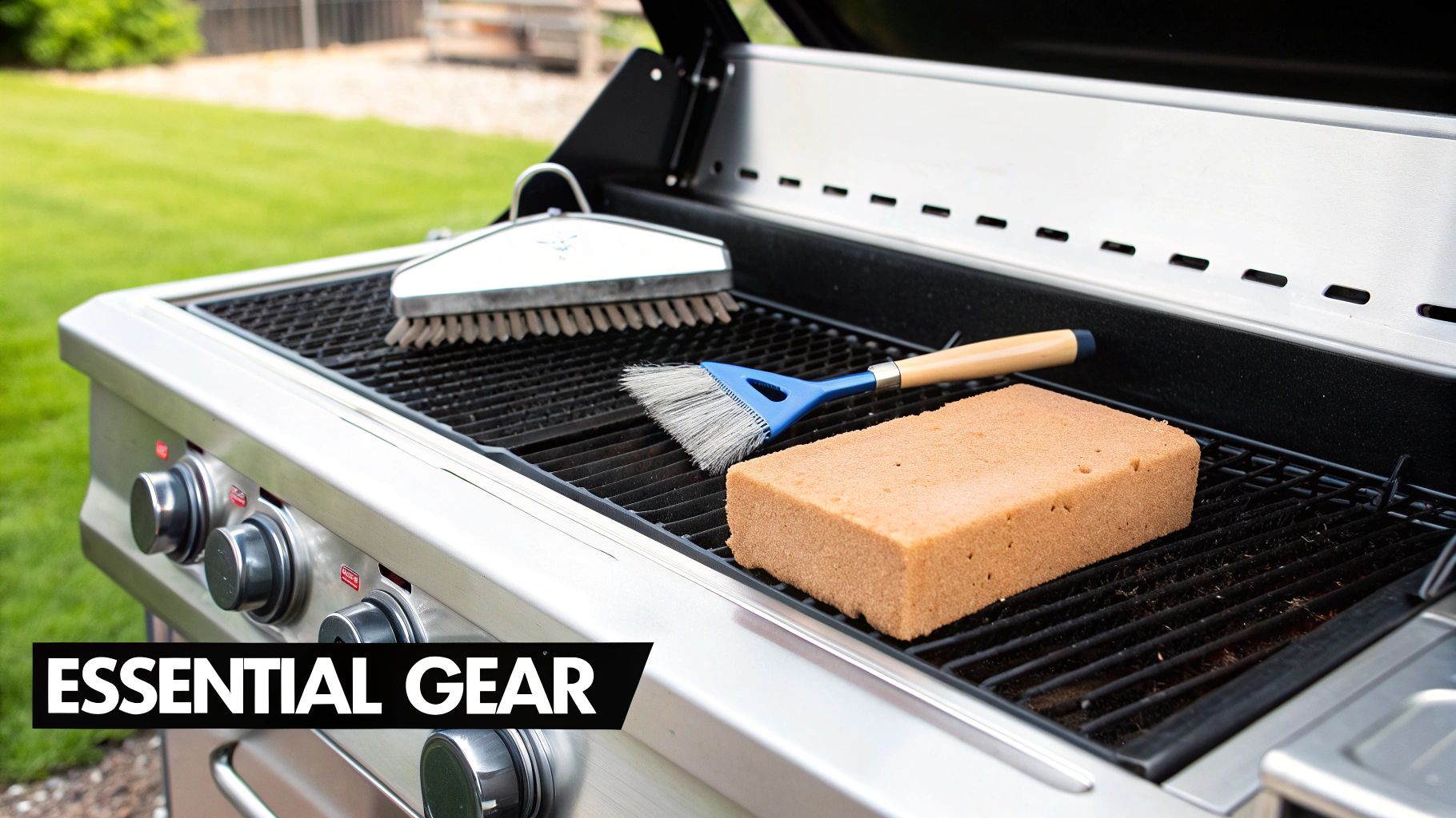 A collection of essential cleaning tools for a commercial flat top grill, including scrapers, pads, and degreaser.