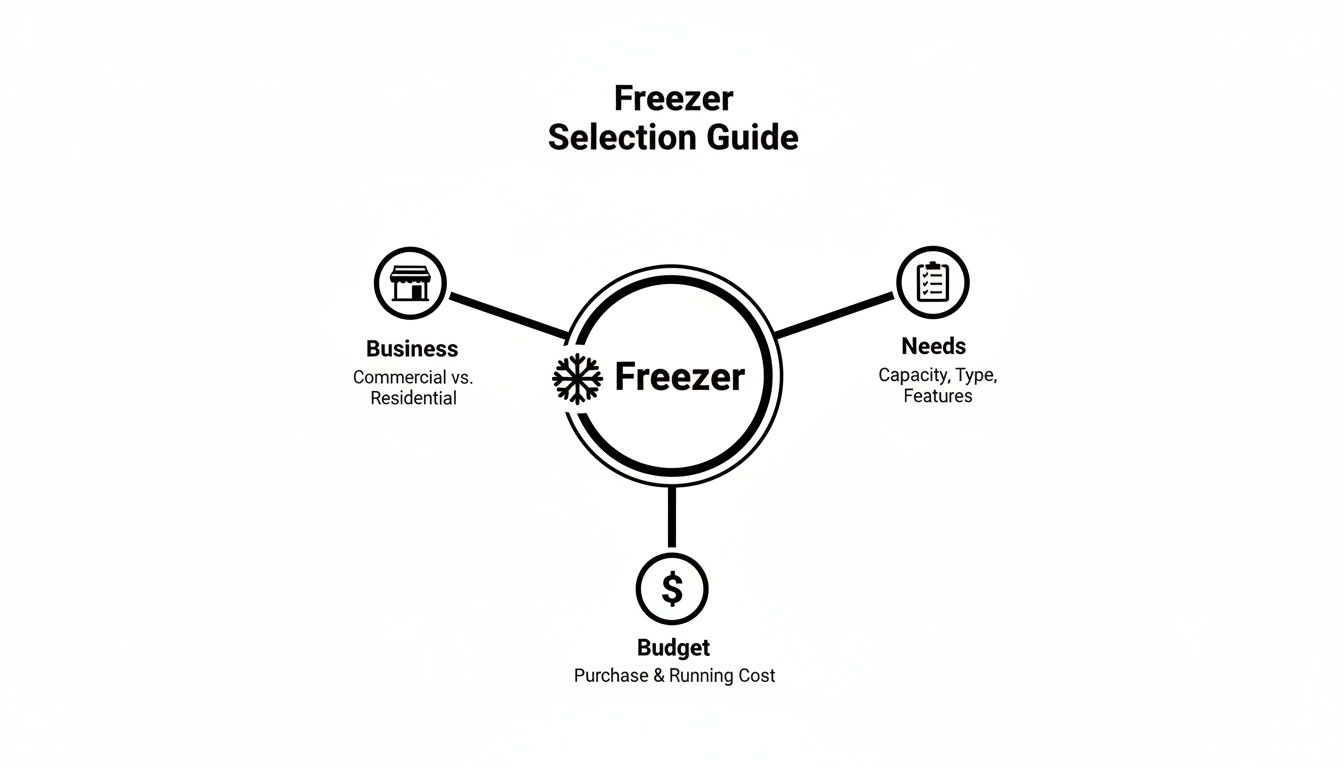 A diagram titled 'Freezer Selection Guide' with nodes for Business, Needs (capacity, type, features), and Budget.
