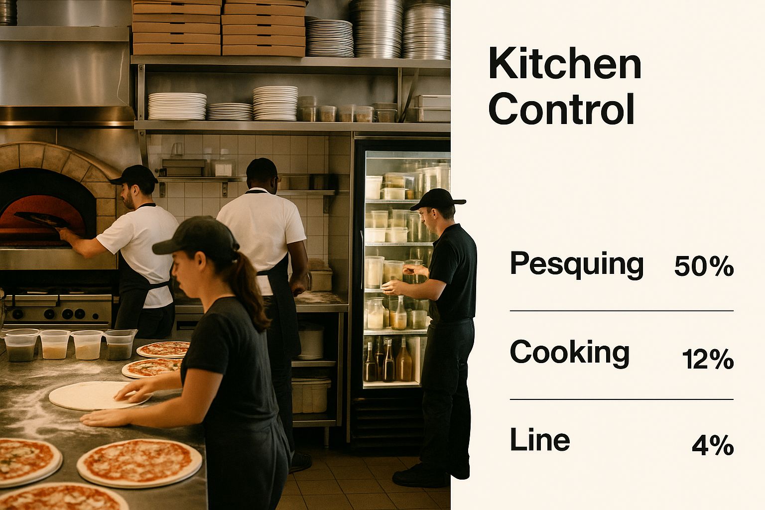 Infographic of a bustling pizzeria kitchen where a glass door refrigerator serves as a central control hub for staff.