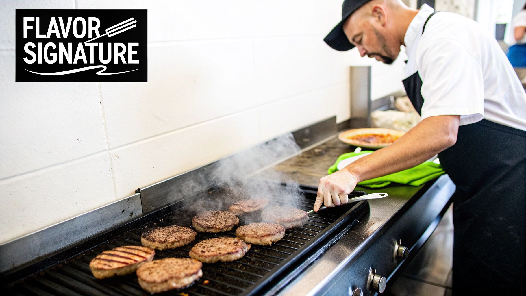 A chef wearing a black apron and hat grills multiple burger patties on a commercial charbroiler, with steam rising.