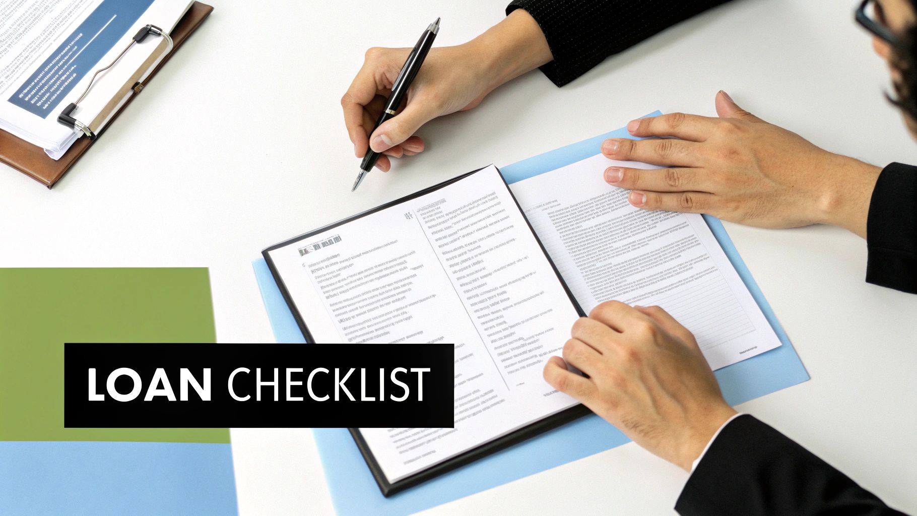 A person is signing a document labeled 'LOAN CHECKLIST' on a desk, with other financial papers visible.