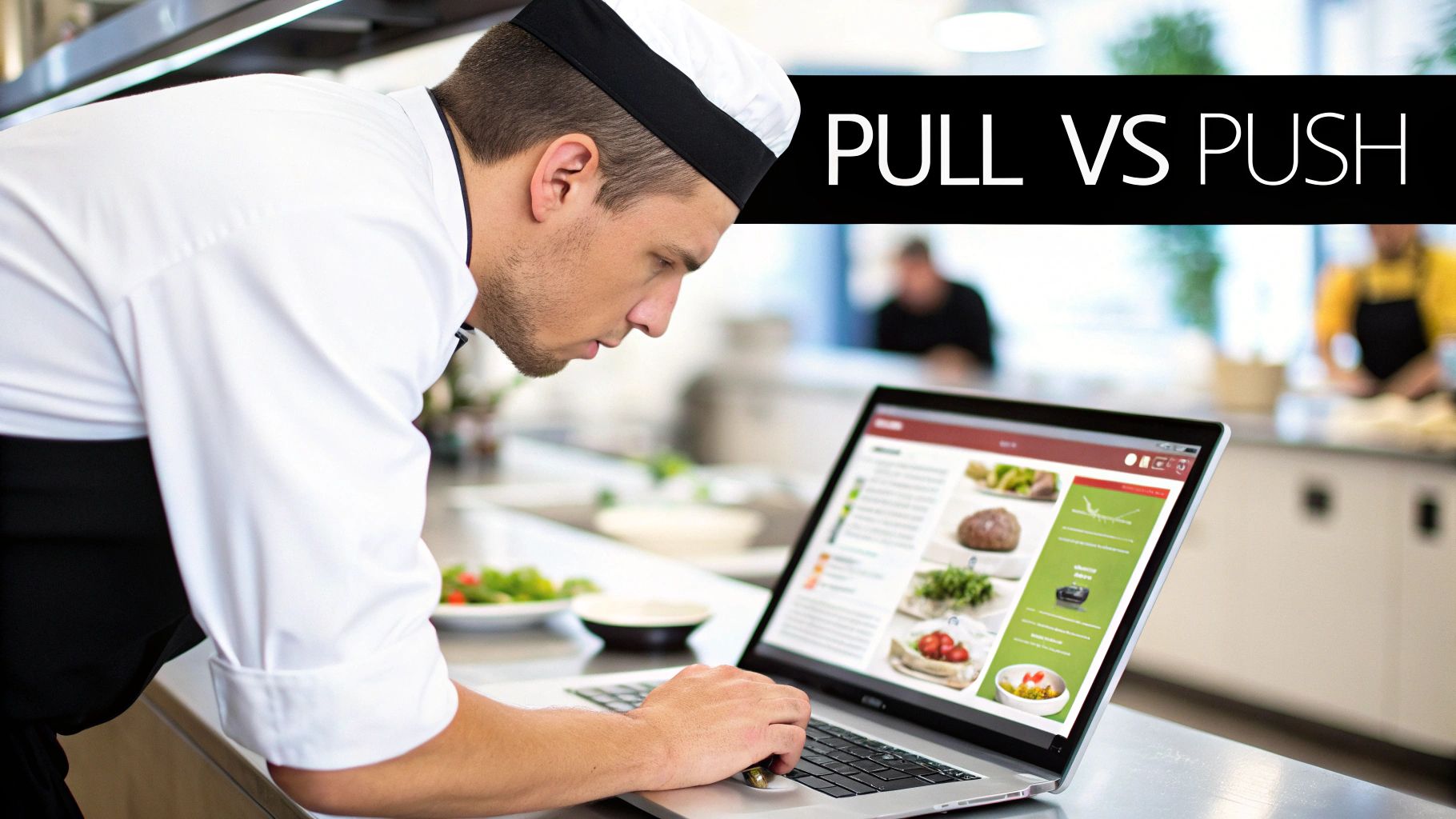 A chef in a professional kitchen intently views a laptop screen featuring food images and a 'PULL VS PUSH' title banner.