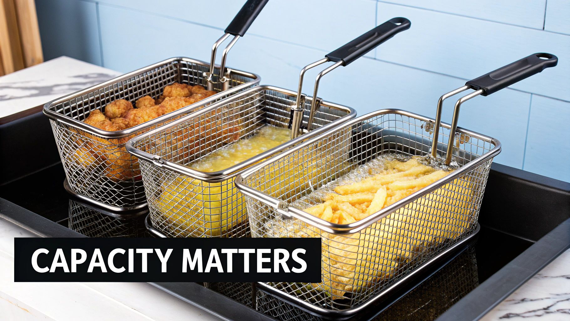 A chef checks the golden-brown color of French fries in a commercial deep fryer.