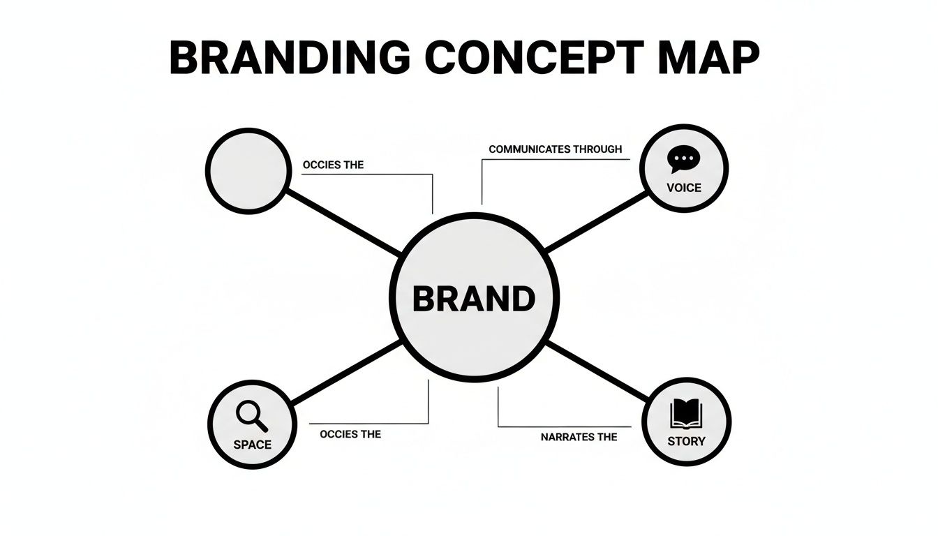 A branding concept map illustrates a central 'BRAND' connected to voice, space, and story elements.