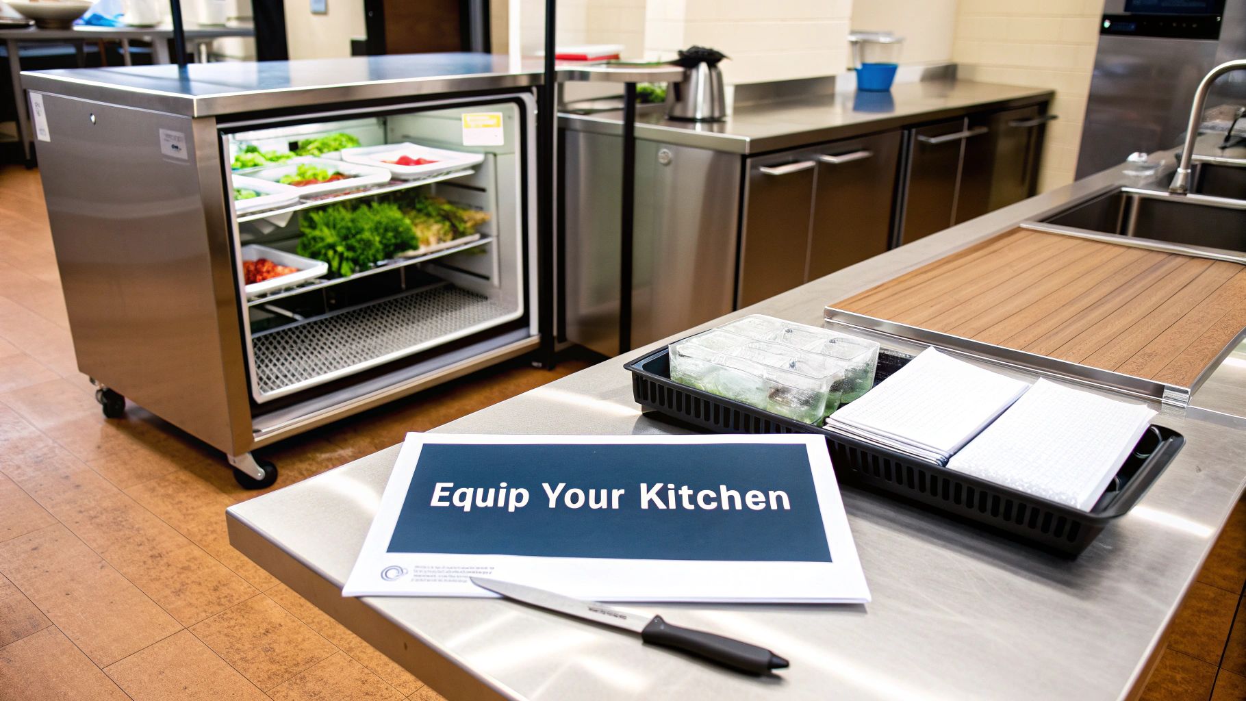 A commercial kitchen with an open refrigerator full of fresh produce and kitchen equipment.