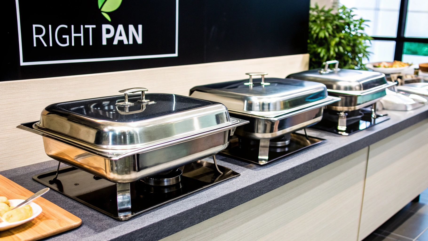 Stainless steel food warmer pans in various fractional sizes arranged on a countertop.