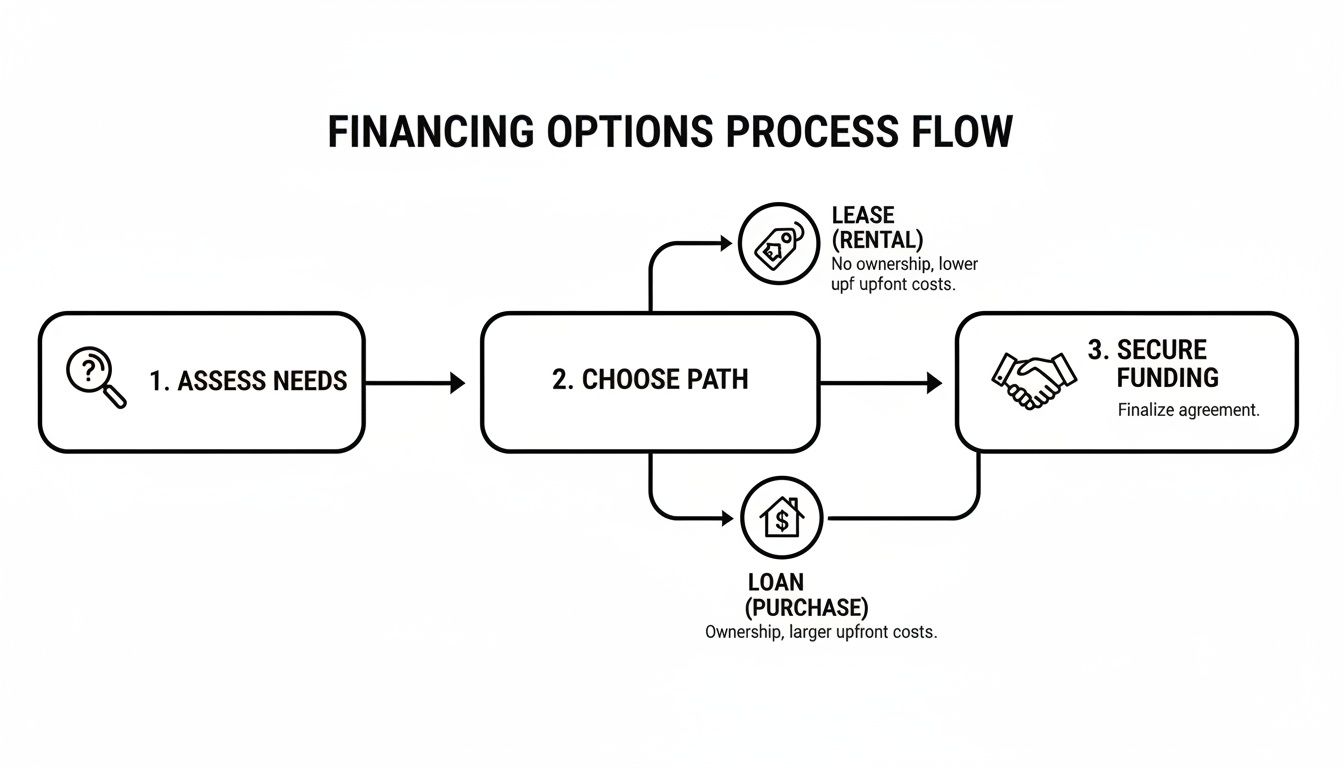 Flowchart outlining financing options process: assess needs, choose between lease (rental) or loan (purchase), and secure funding.