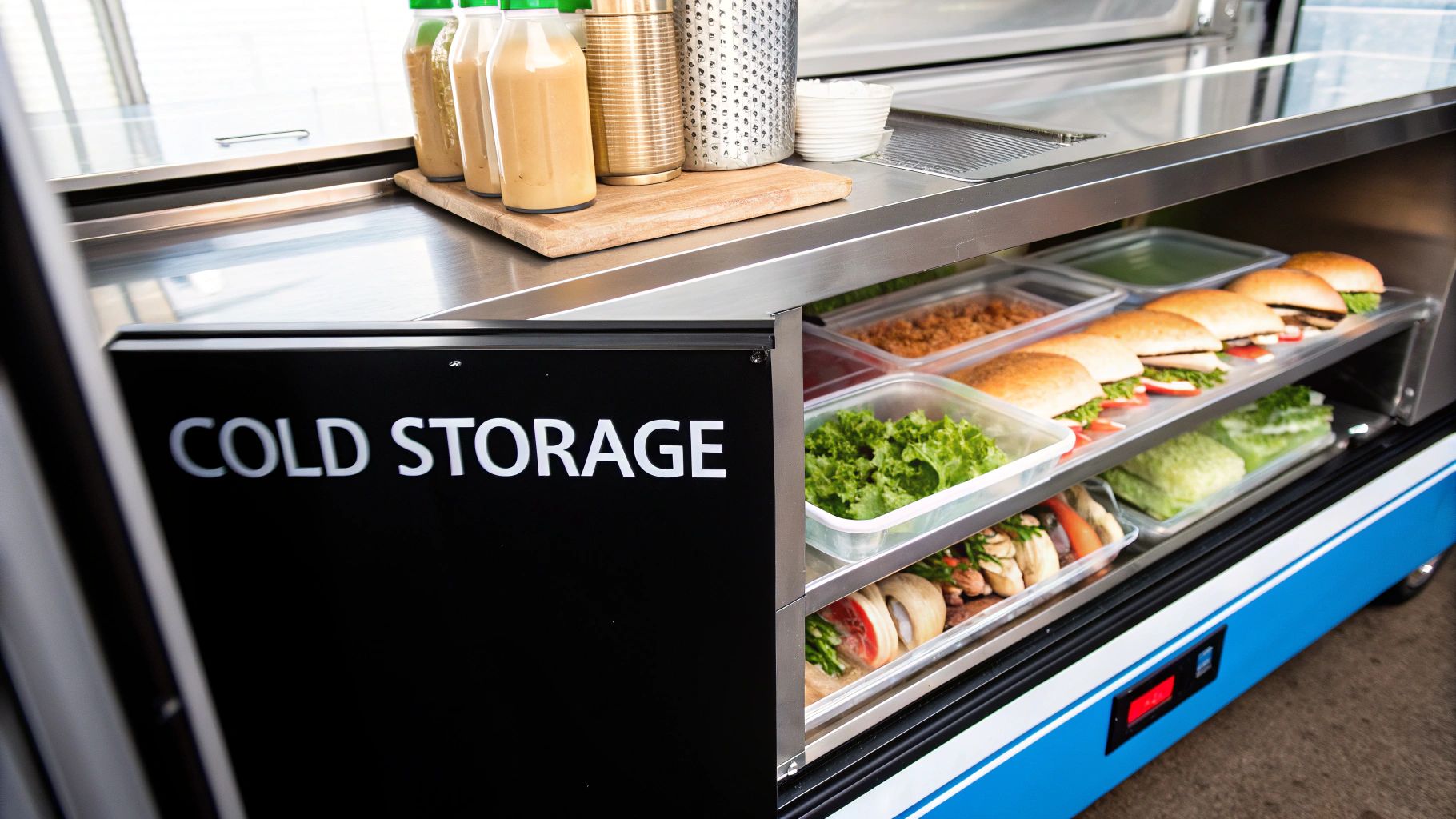 A commercial cold storage display in a food truck, showing fresh ingredients and prepared sandwiches.