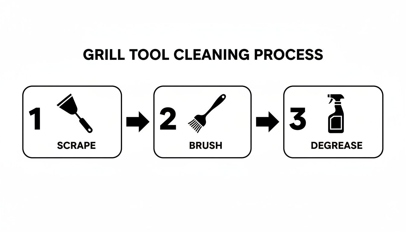 Diagram showing a three-step grill tool cleaning process: scrape, brush, then degrease with spray.