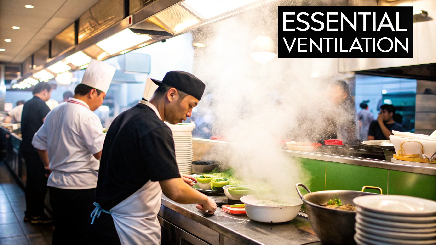 A clean and modern commercial kitchen with stainless steel ventilation hoods over the cooking line.