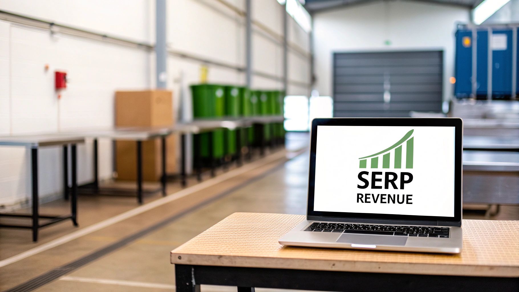 A laptop displays "SERP REVENUE" with a growth chart on a table in a spacious industrial warehouse.