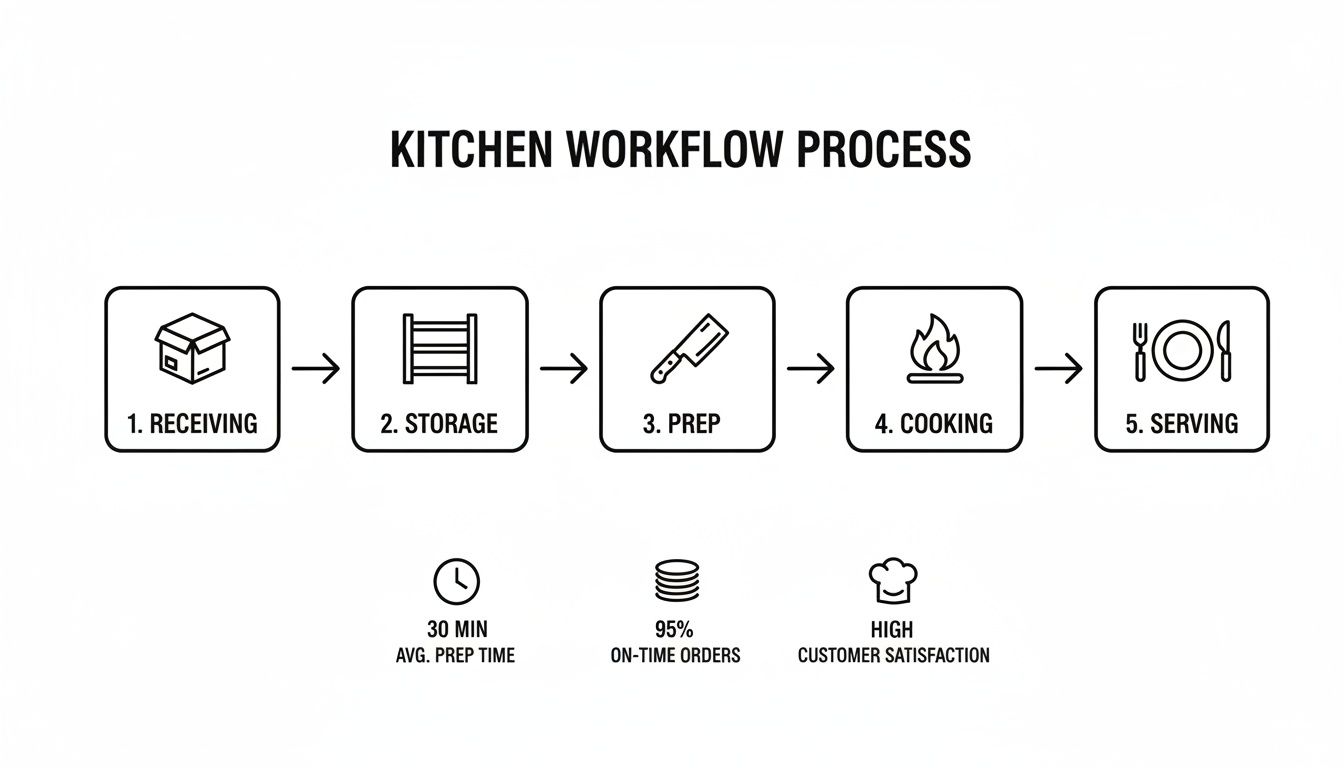 A visual diagram illustrating a kitchen workflow process from receiving to serving, highlighting key performance metrics.