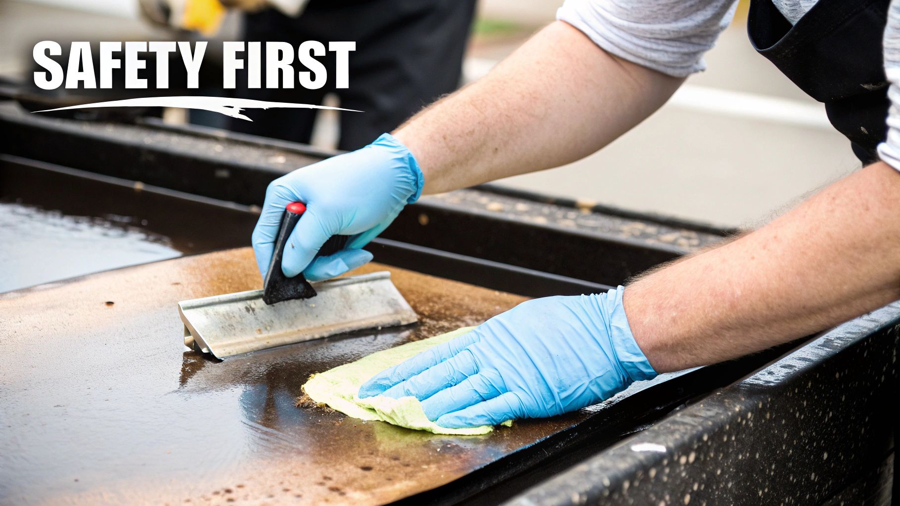 Person in blue gloves cleans a greasy flat top grill with a scraper and cloth, emphasizing safety.