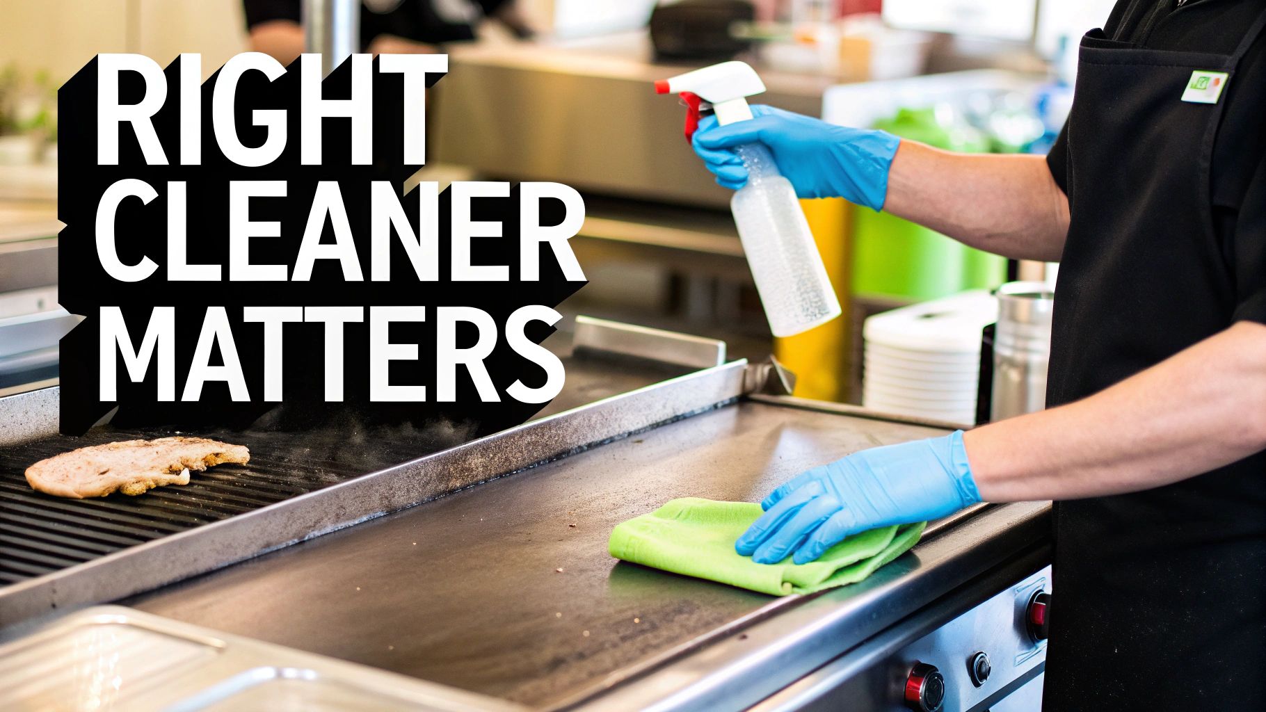 A person in blue gloves sprays and wipes a commercial stainless steel grill, emphasizing effective cleaning.