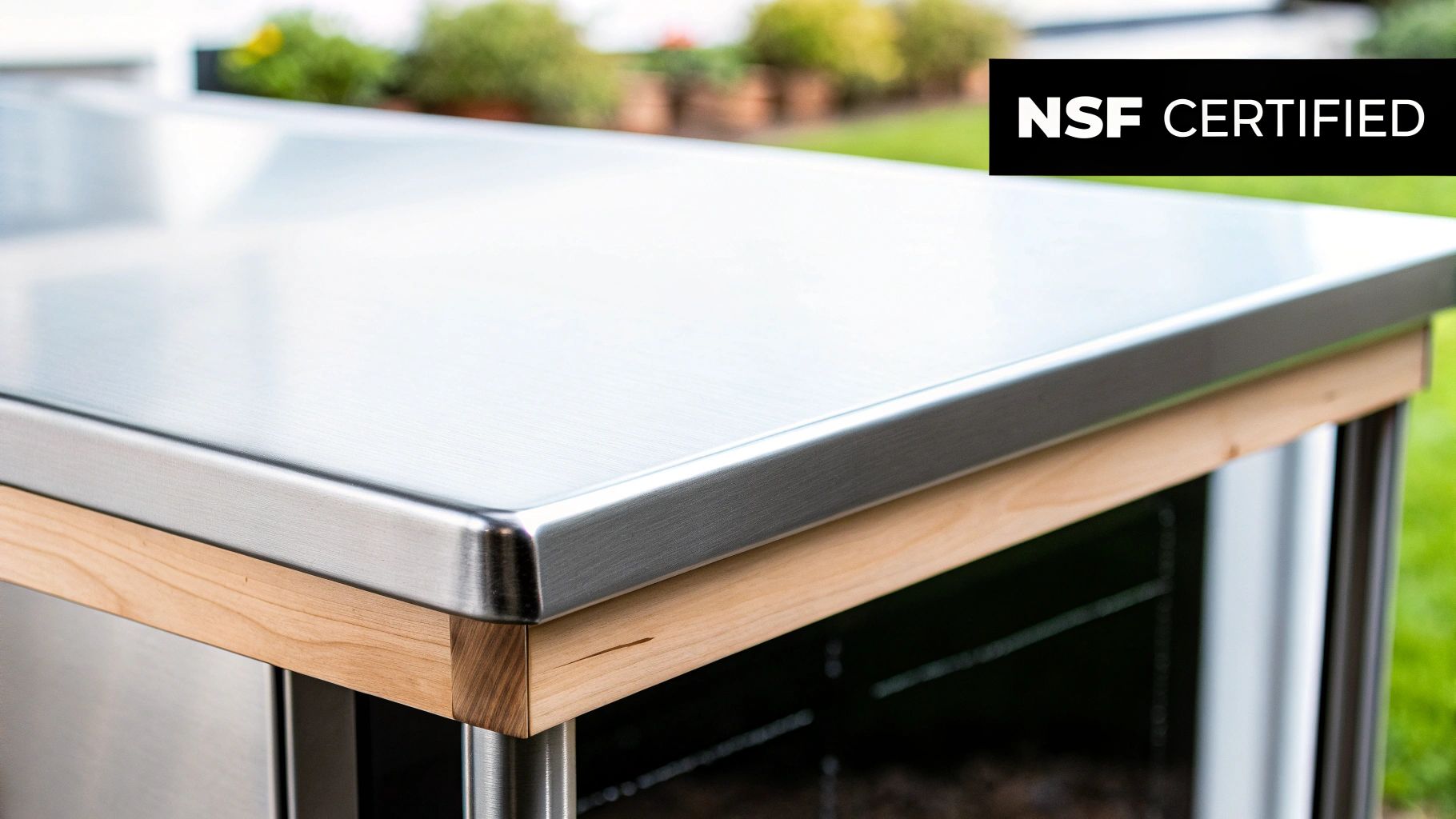 NSF certified stainless steel tabletop with a brushed finish and wooden frame outdoors.
