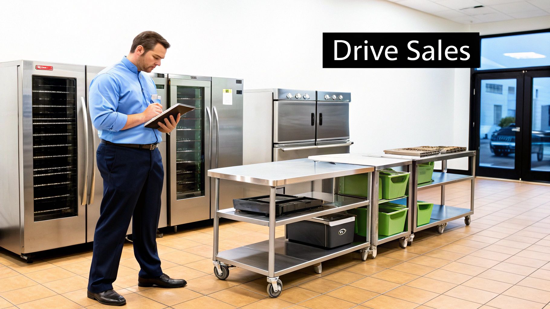 Man performing equipment inspection in a commercial kitchen showroom with stainless steel appliances.
