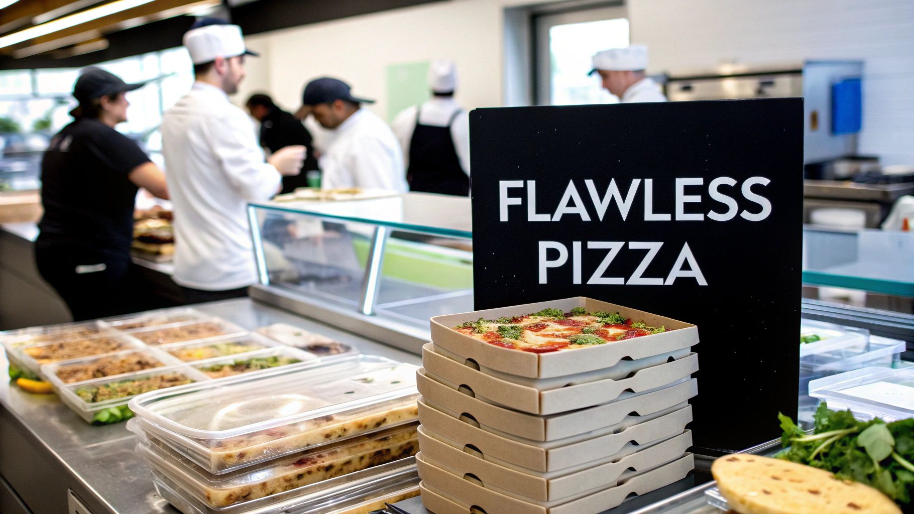 An organized pizza prep table with various toppings in commercial food storage boxes