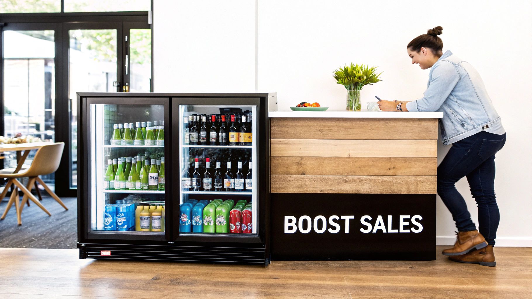 Woman on phone at a modern counter with a full back bar cooler and 'BOOST SALES' sign.