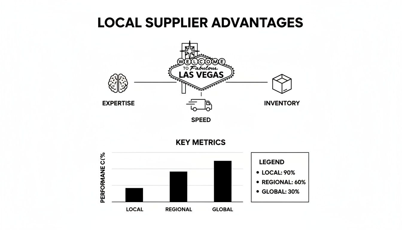 Diagram illustrating local supplier advantages like expertise, speed, and inventory, with a bar chart comparing performance metrics.
