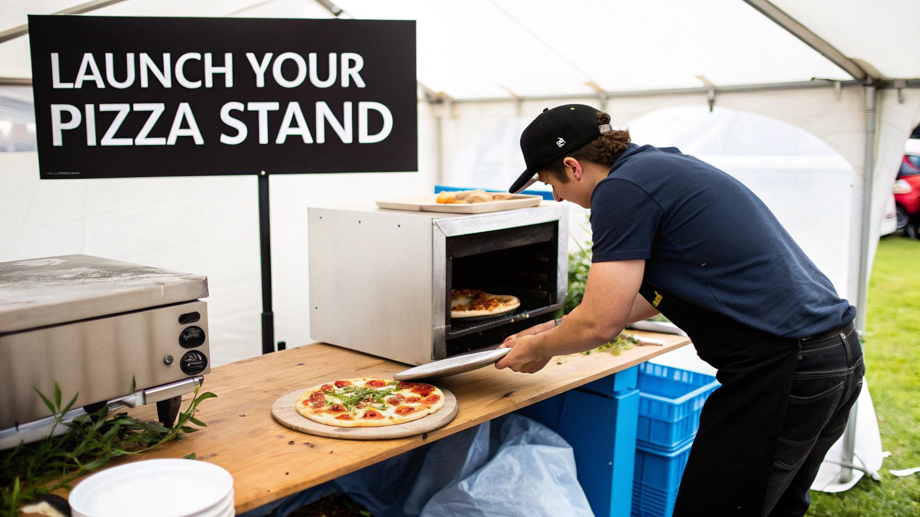 A man in a cap prepares fresh pizzas at an outdoor pizza stand with two ovens.