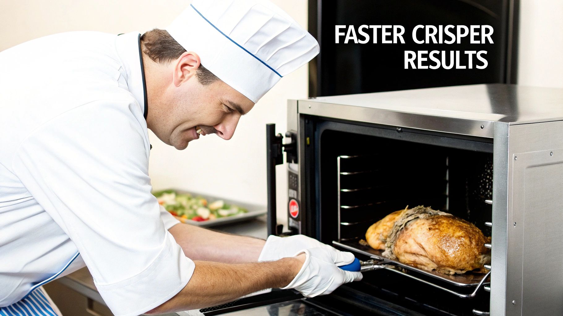A chef placing a tray of food into a commercial convection oven