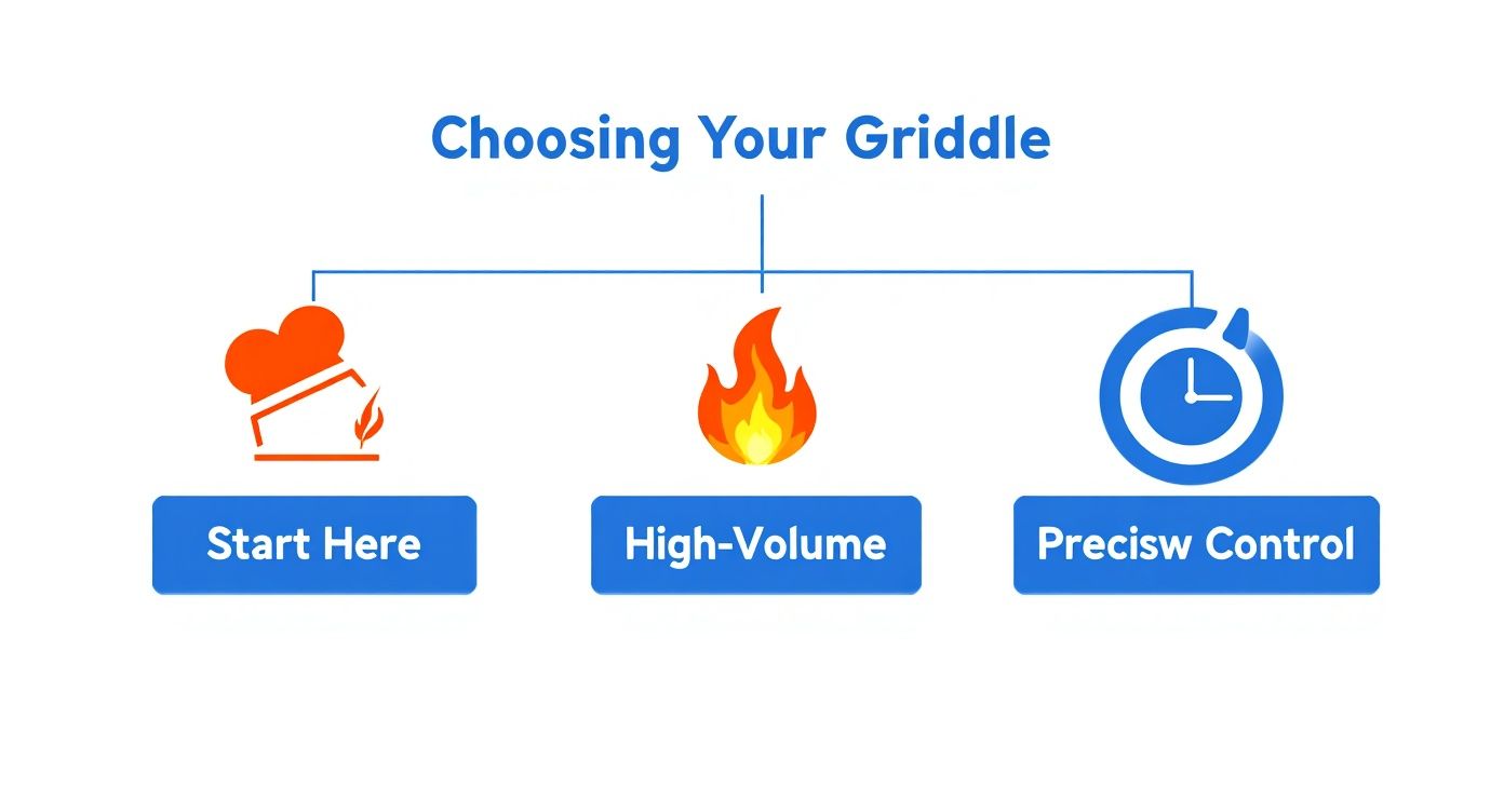 Flowchart showing options for choosing a griddle: Start Here, High-Volume, Precisw Control, with icons.