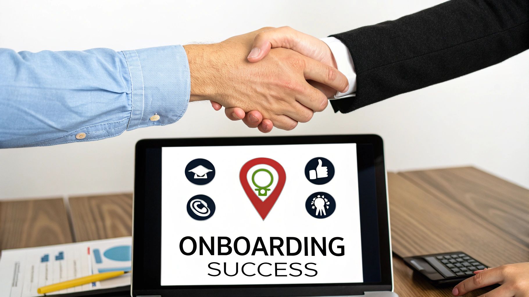 Two hands shaking above a laptop displaying 'ONBOARDING SUCCESS' and related icons, symbolizing a successful new beginning.
