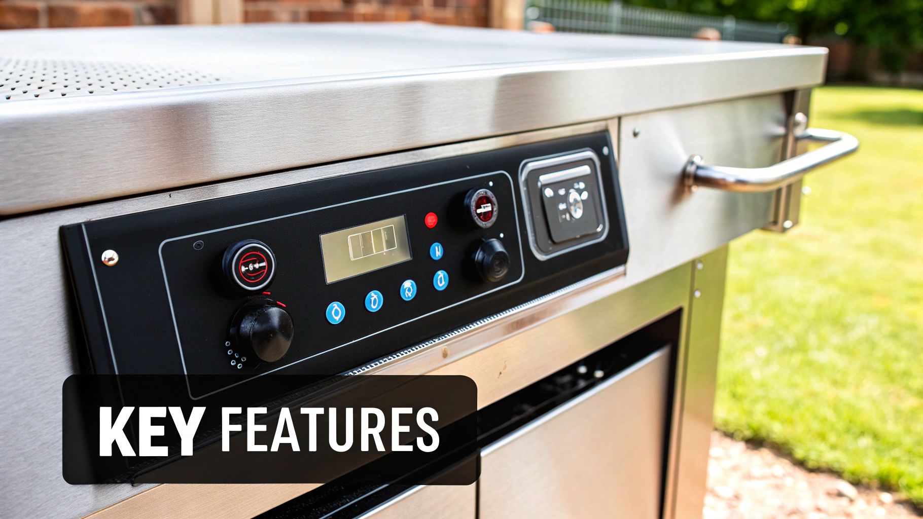 A close-up of the stainless steel exterior and digital temperature display on a sandwich refrigerated prep table.