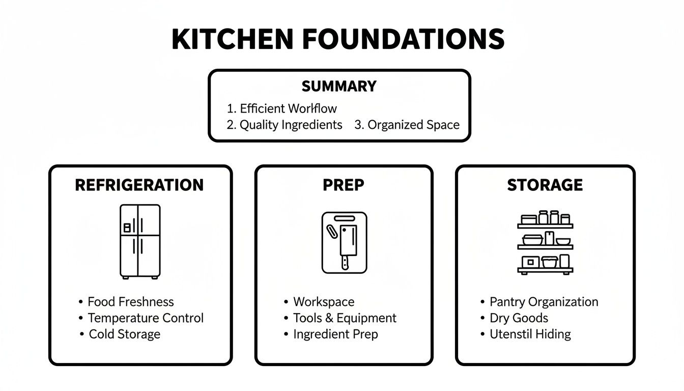 Diagram illustrating kitchen foundations with sections on refrigeration, prep, and storage for efficient workflow.