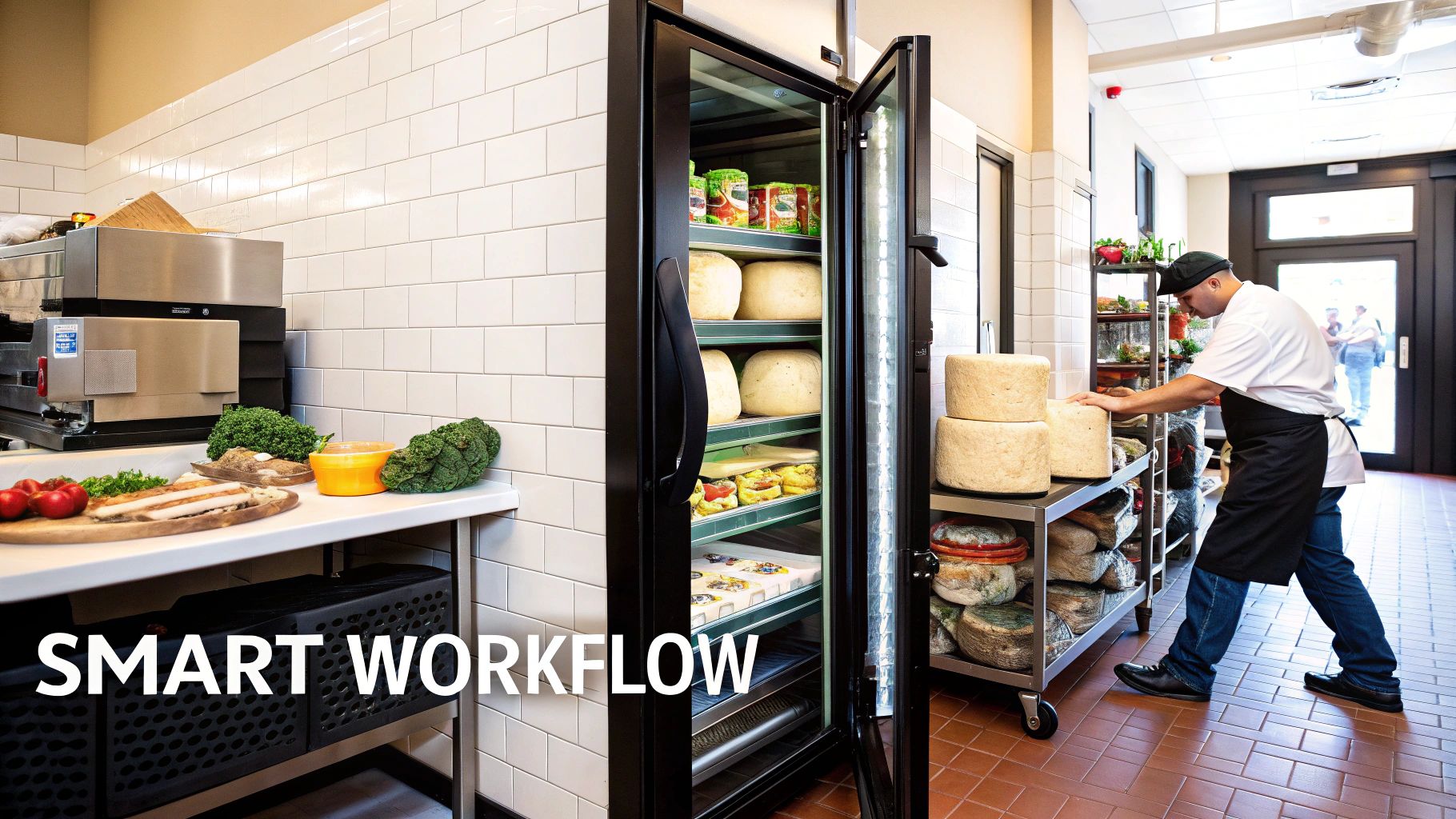 Chef organizing large cheese wheels on a cart in a commercial kitchen with an open refrigerator.