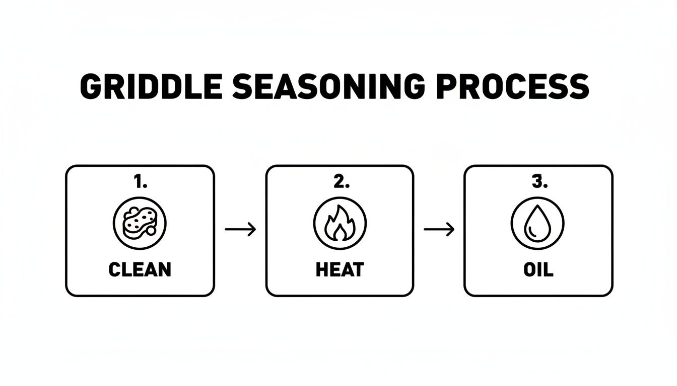 Diagram illustrating the griddle seasoning process with three steps: clean, heat, and oil.