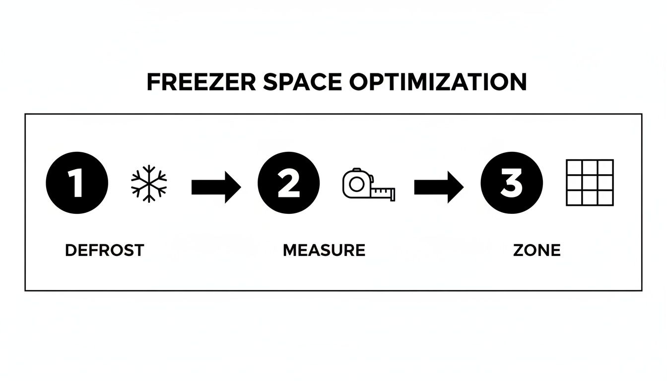 Flowchart showing three steps for freezer space optimization: defrost, measure, and zone.