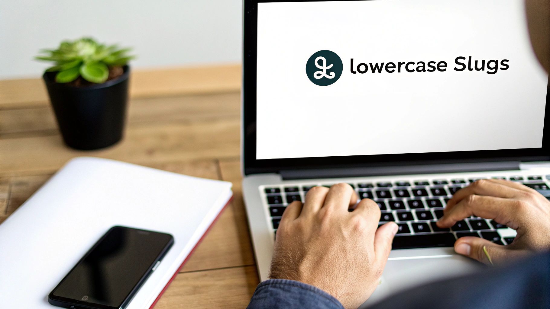 A person typing on a laptop displaying the 'lowercase Slugs' logo, next to a phone and a plant on a wooden desk.