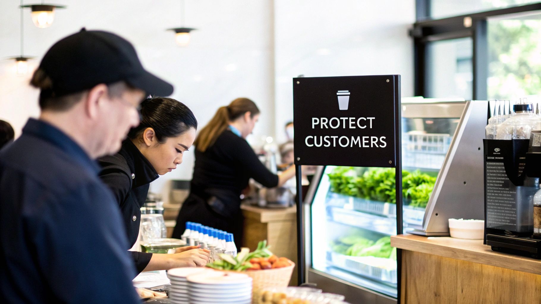 Cafe staff members working behind a counter, with a "PROTECT CUSTOMERS" sign visible.