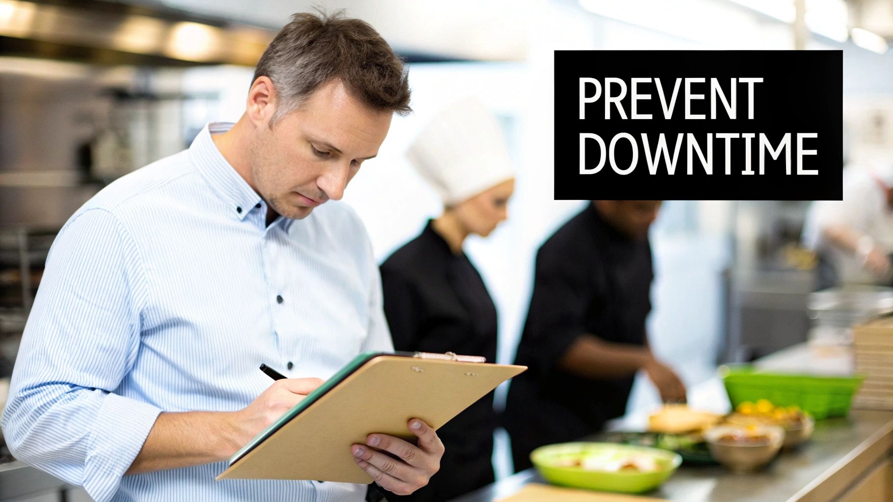 A kitchen manager inspects operations, writing notes on a clipboard to prevent downtime.