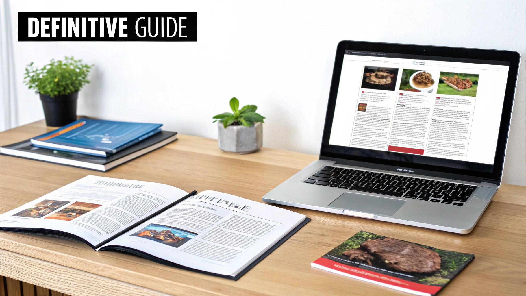 A desk with a laptop displaying articles, an open book, notebooks, and potted plants.