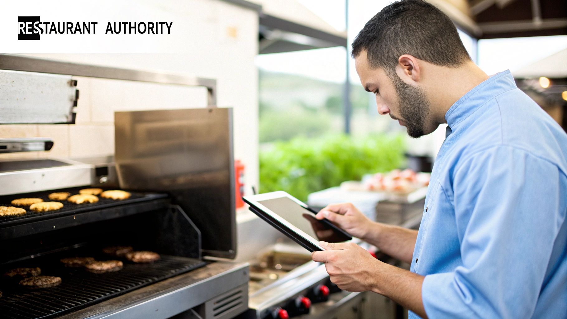 A chef in a light blue uniform looks at a tablet next to a grill with food.