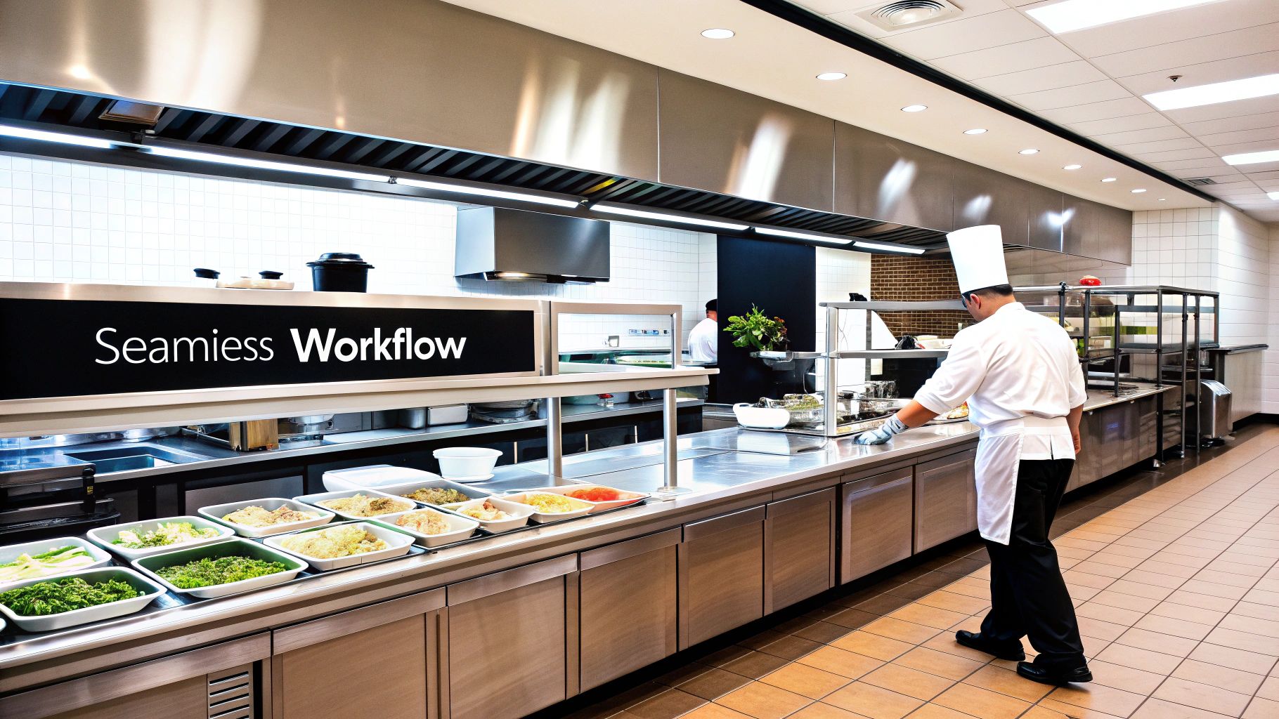 A chef in white uniform prepares food at a commercial kitchen serving line with many food trays.