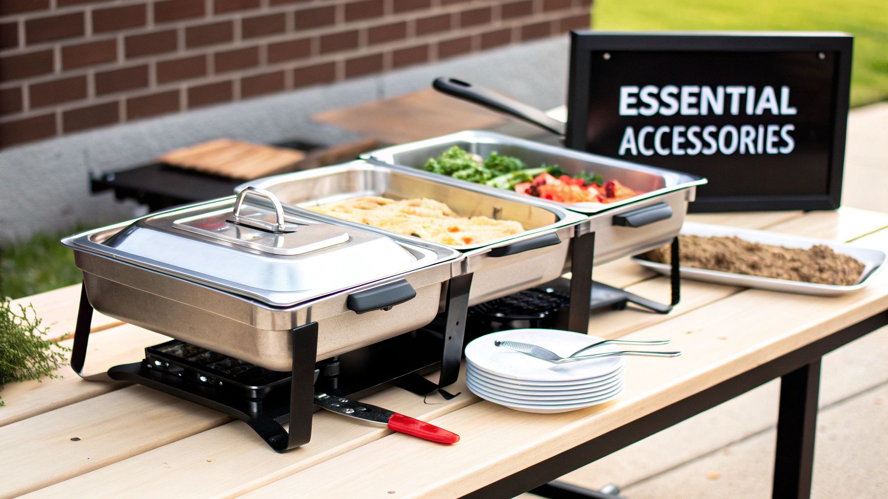 Outdoor buffet with steam table pans holding food, plates, and a sign on a wooden table.