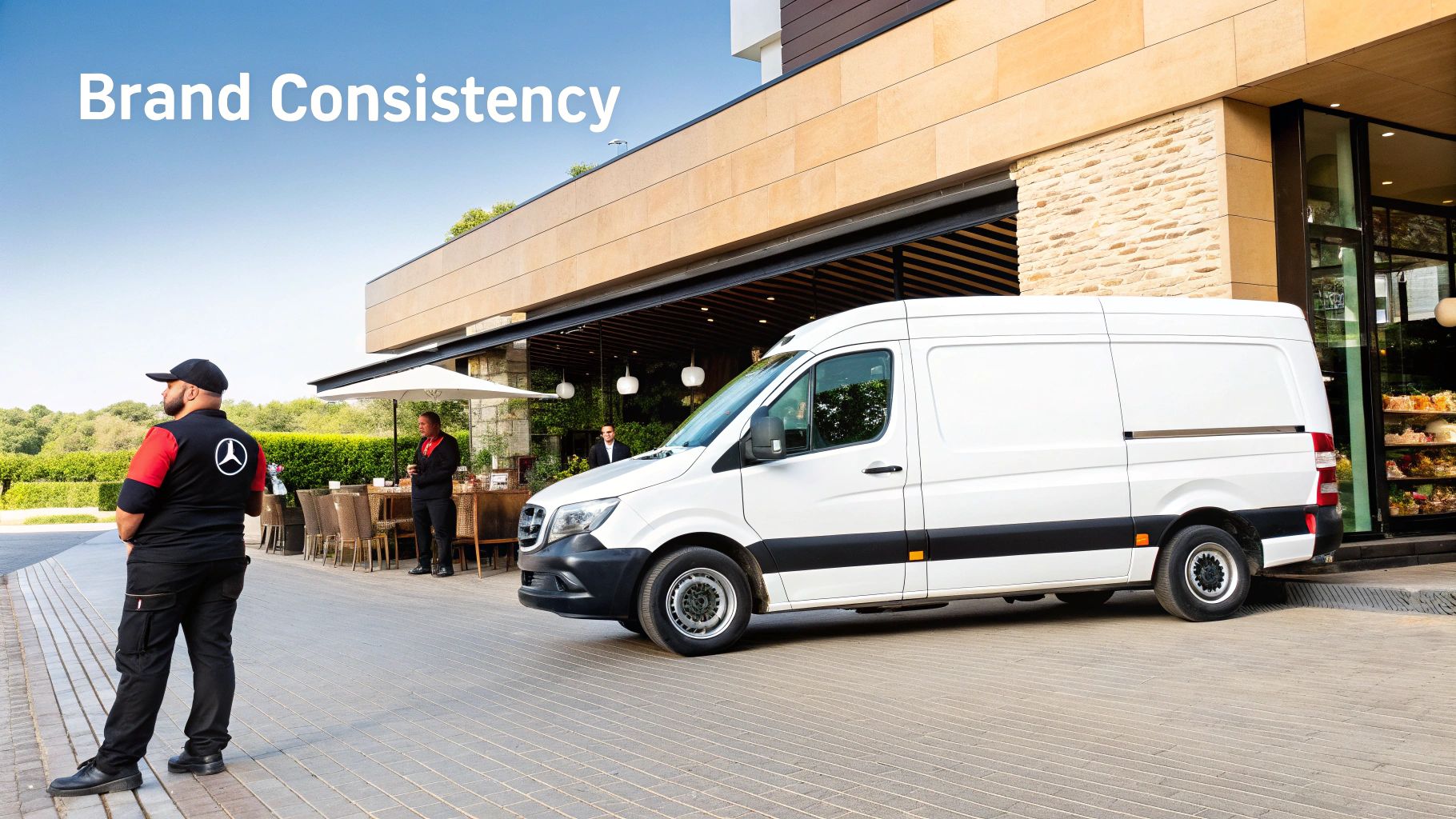 A restaurant supply delivery truck with professional branding parked in front of a modern cafe.