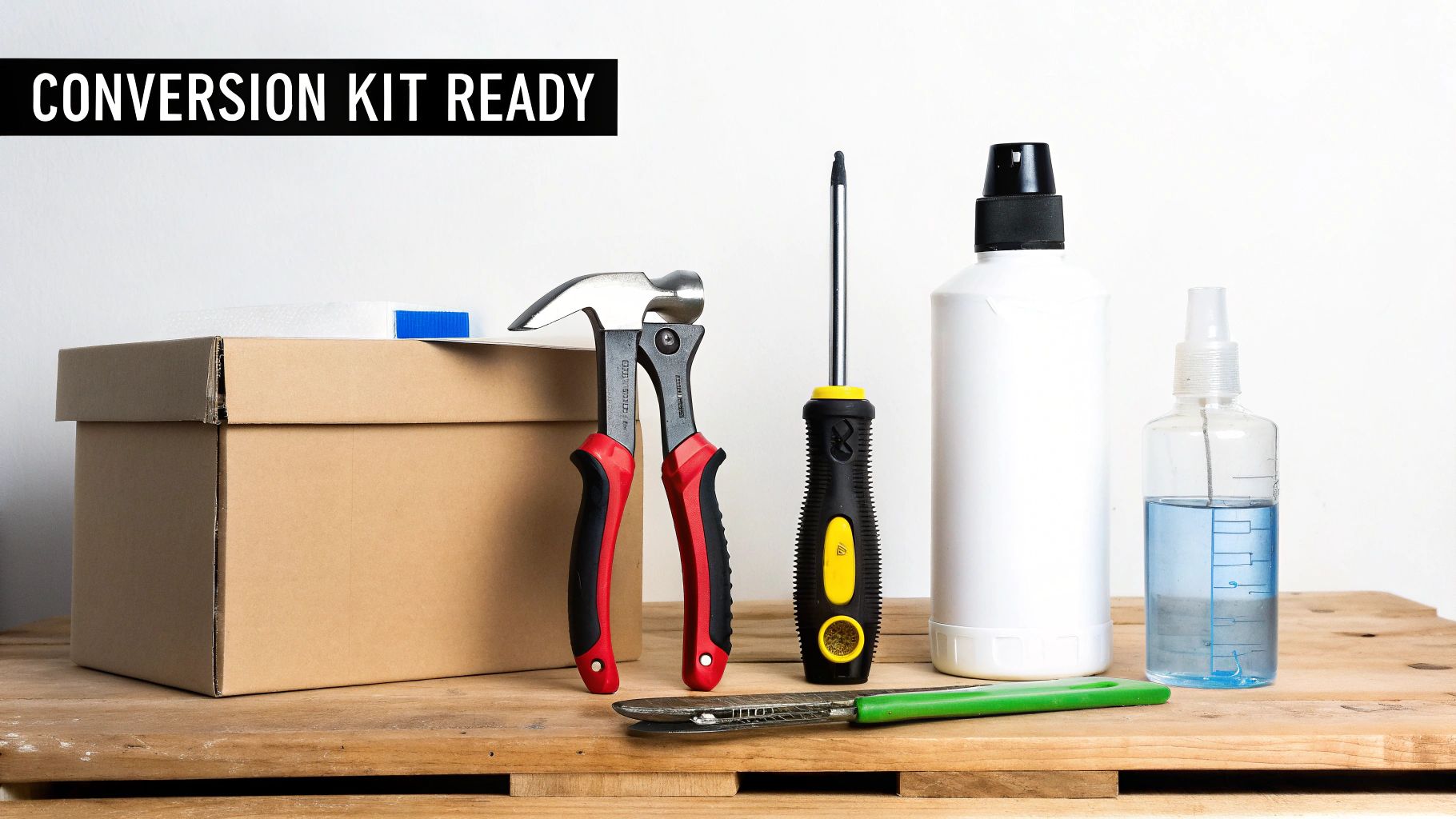 A collection of tools including wrenches and screwdrivers laid out on a workbench, ready for a griddle conversion.
