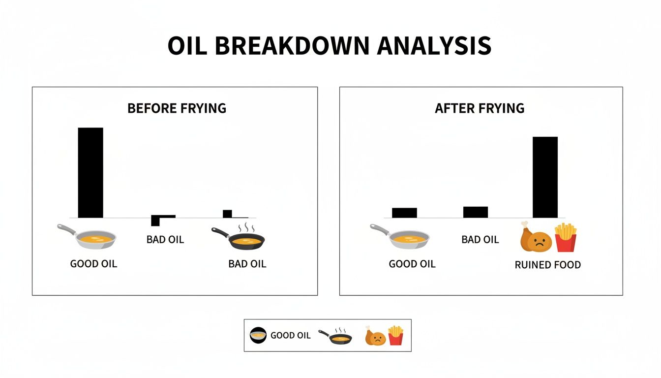 Bar charts show oil breakdown analysis: good oil decreases, ruined food increases after frying.