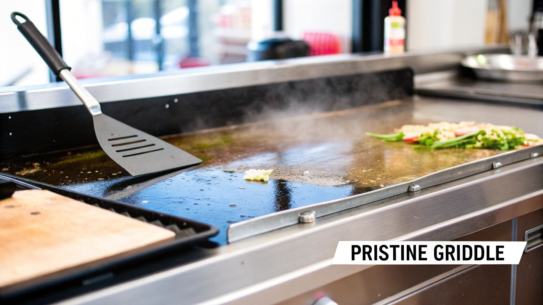 A commercial griddle with steam rising, a spatula, and food cooking, showing the surface in use.