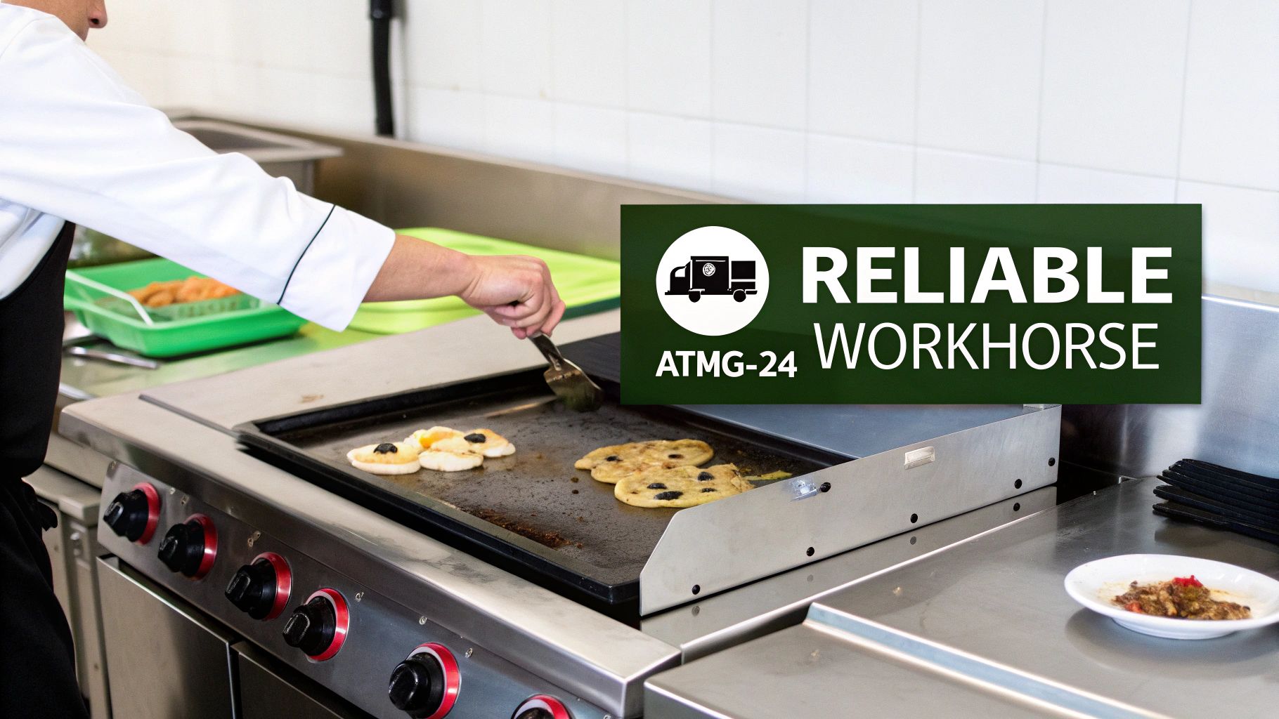 A chef cooking burgers on the ATMG-24 commercial griddle in a busy kitchen.