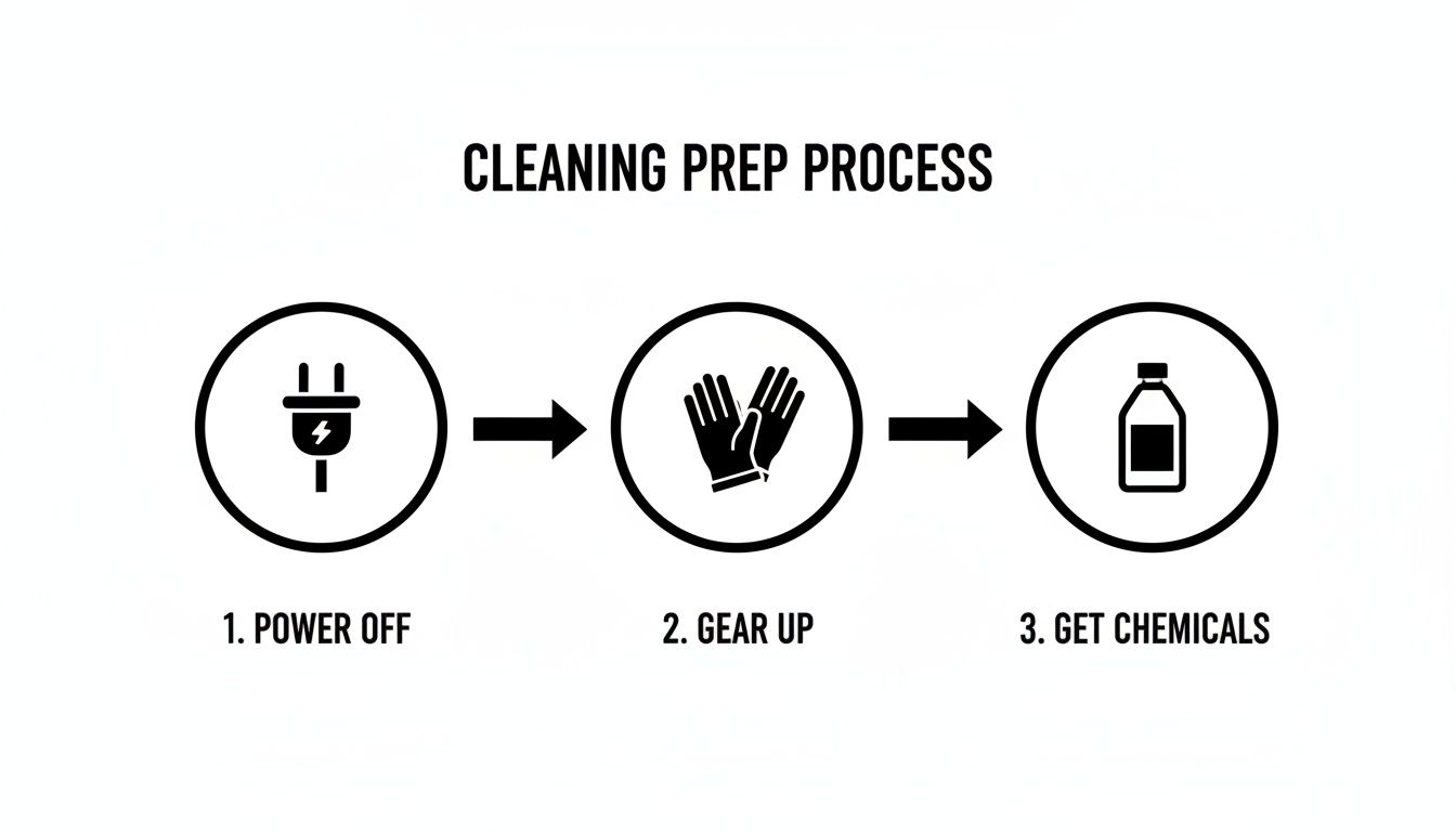 A three-step cleaning prep process: power off, gear up with gloves, and get chemicals.
