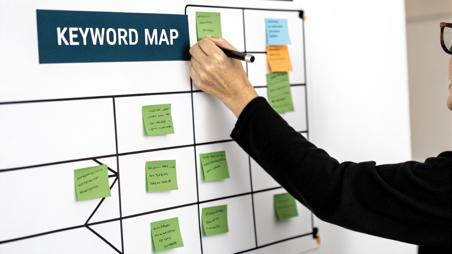 Person's hand writing on a whiteboard titled 'KEYWORD MAP' with many colorful sticky notes.