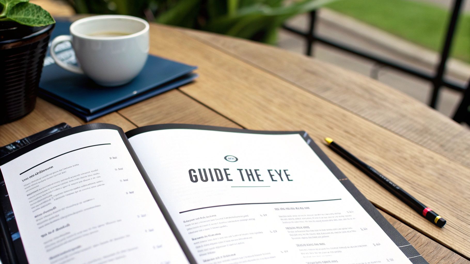 An open restaurant menu displaying 'GUIDE THE EYE' on a wooden table with coffee and a pen.