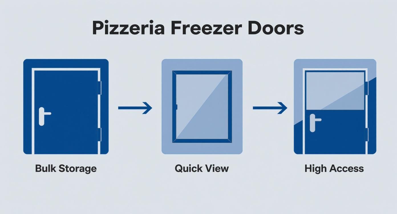 Illustration showing three types of pizzeria freezer doors: bulk storage, quick view, and high access.
