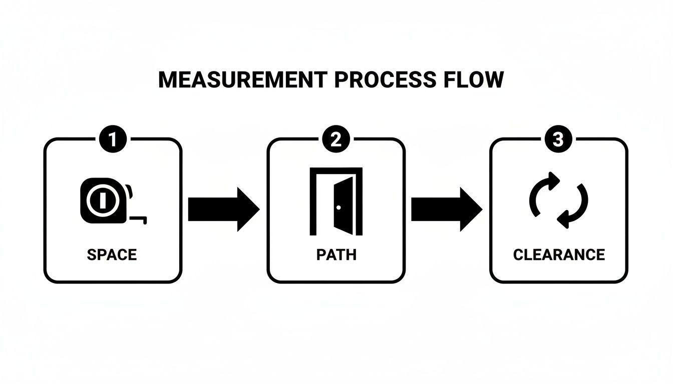 A diagram illustrating a three-step measurement process flow: space, path, and clearance, with icons.